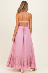 Light Pink Smocked Halter Open Back Maternity Maxi Dress