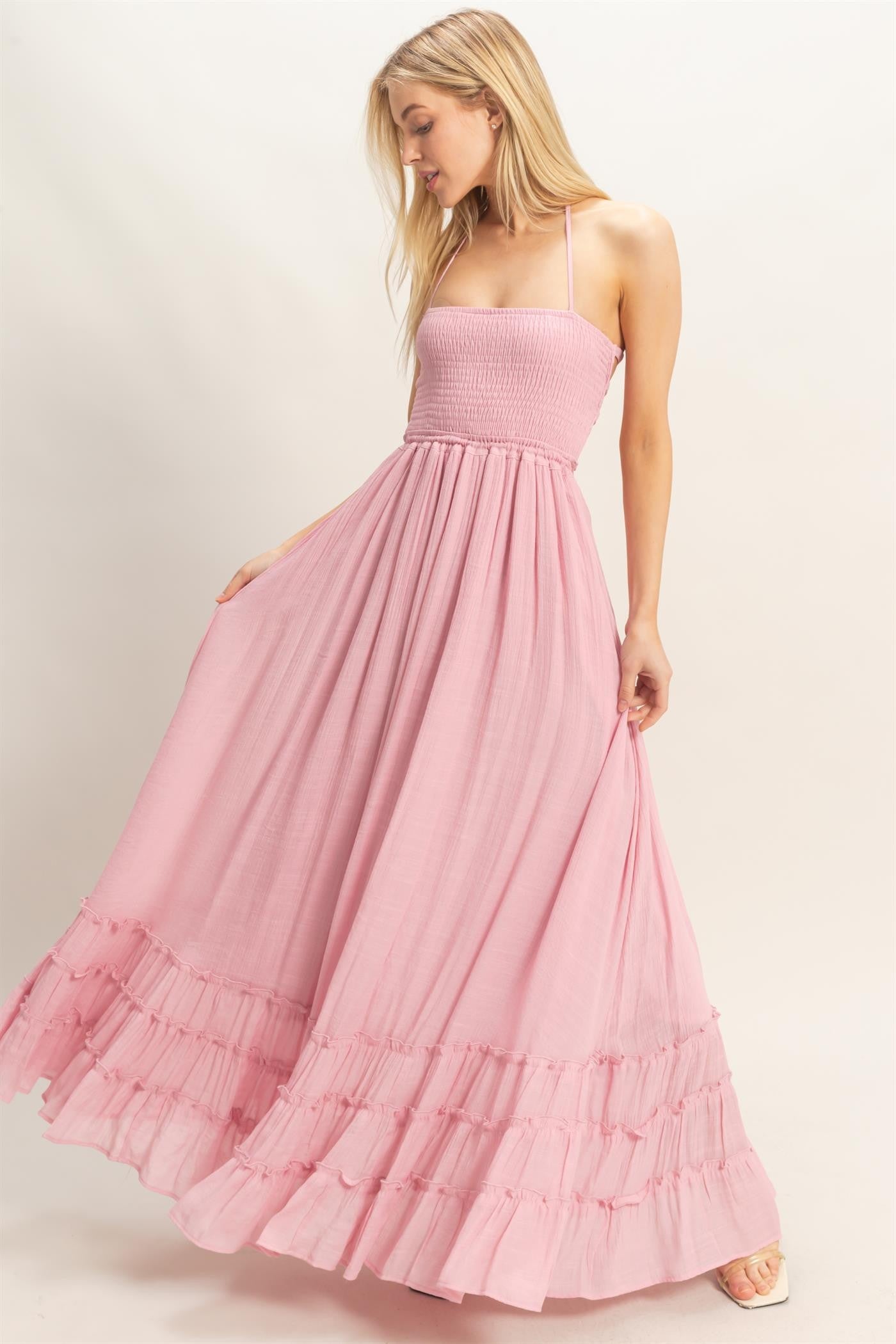 Light Pink Smocked Halter Open Back Maternity Maxi Dress