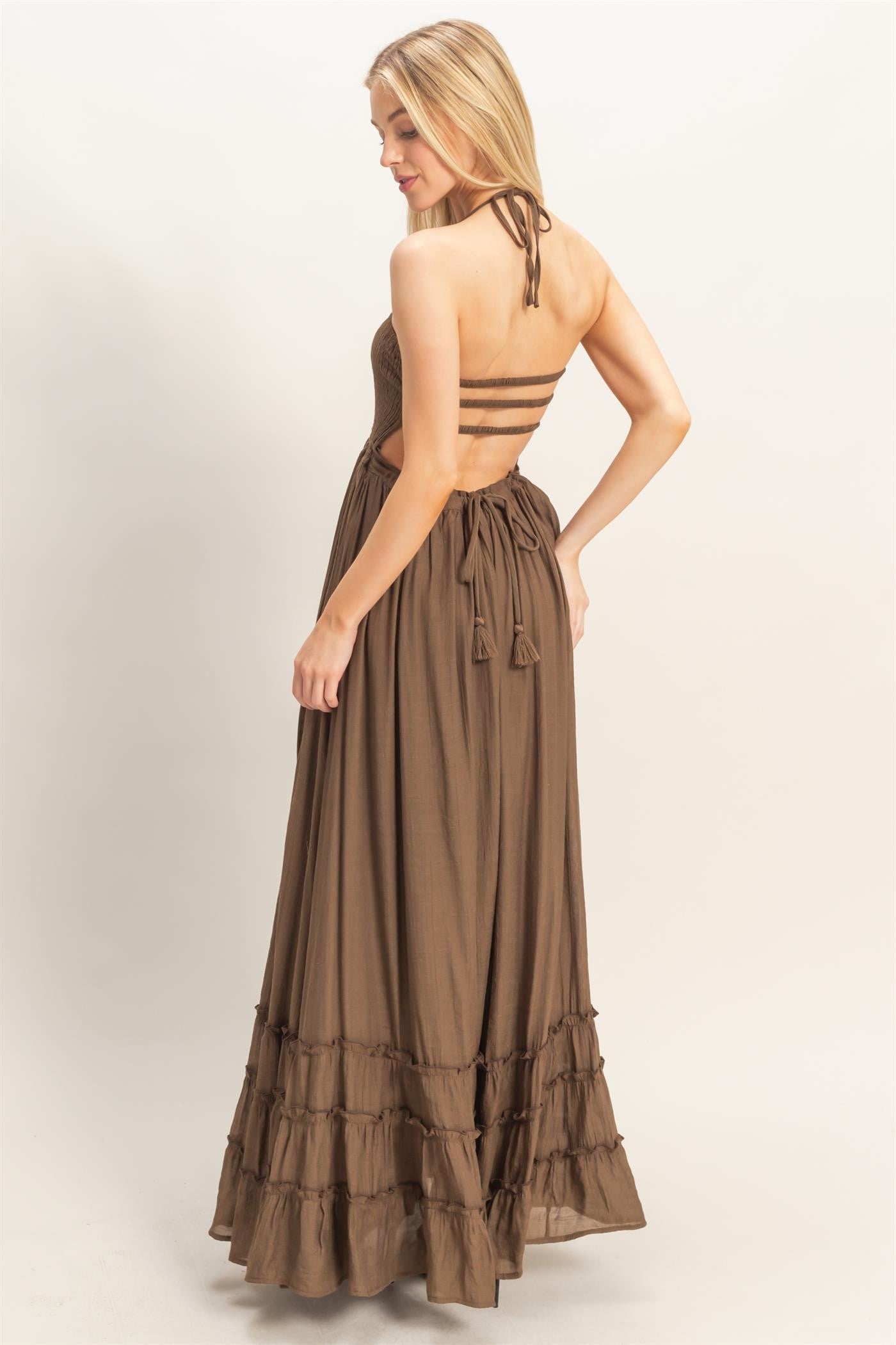 Chocolate Smocked Halter Open Back Maxi Dress