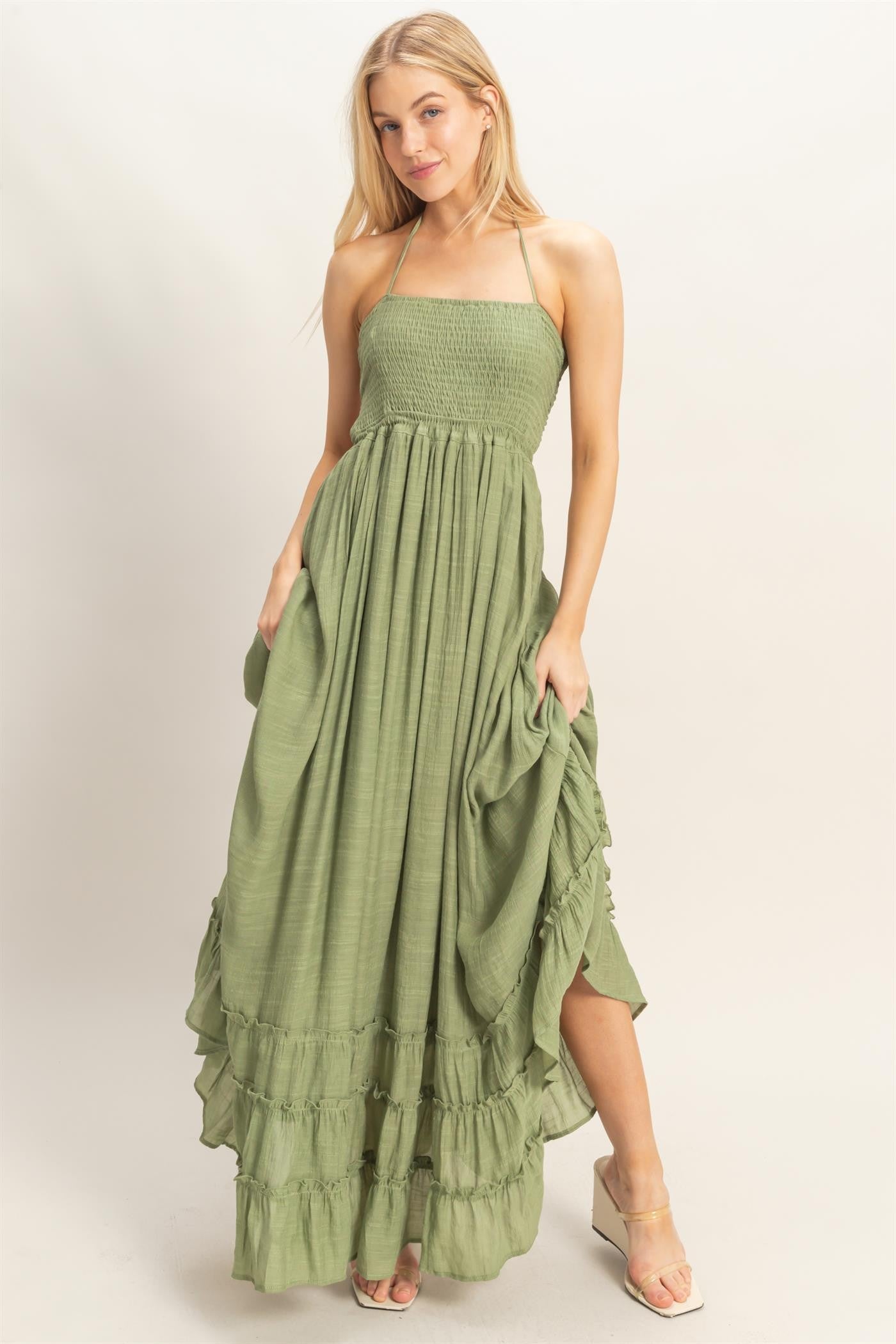 Light Olive Smocked Halter Open Back Maxi Dress