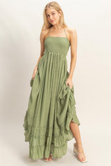 Light Olive Smocked Halter Open Back Maxi Dress