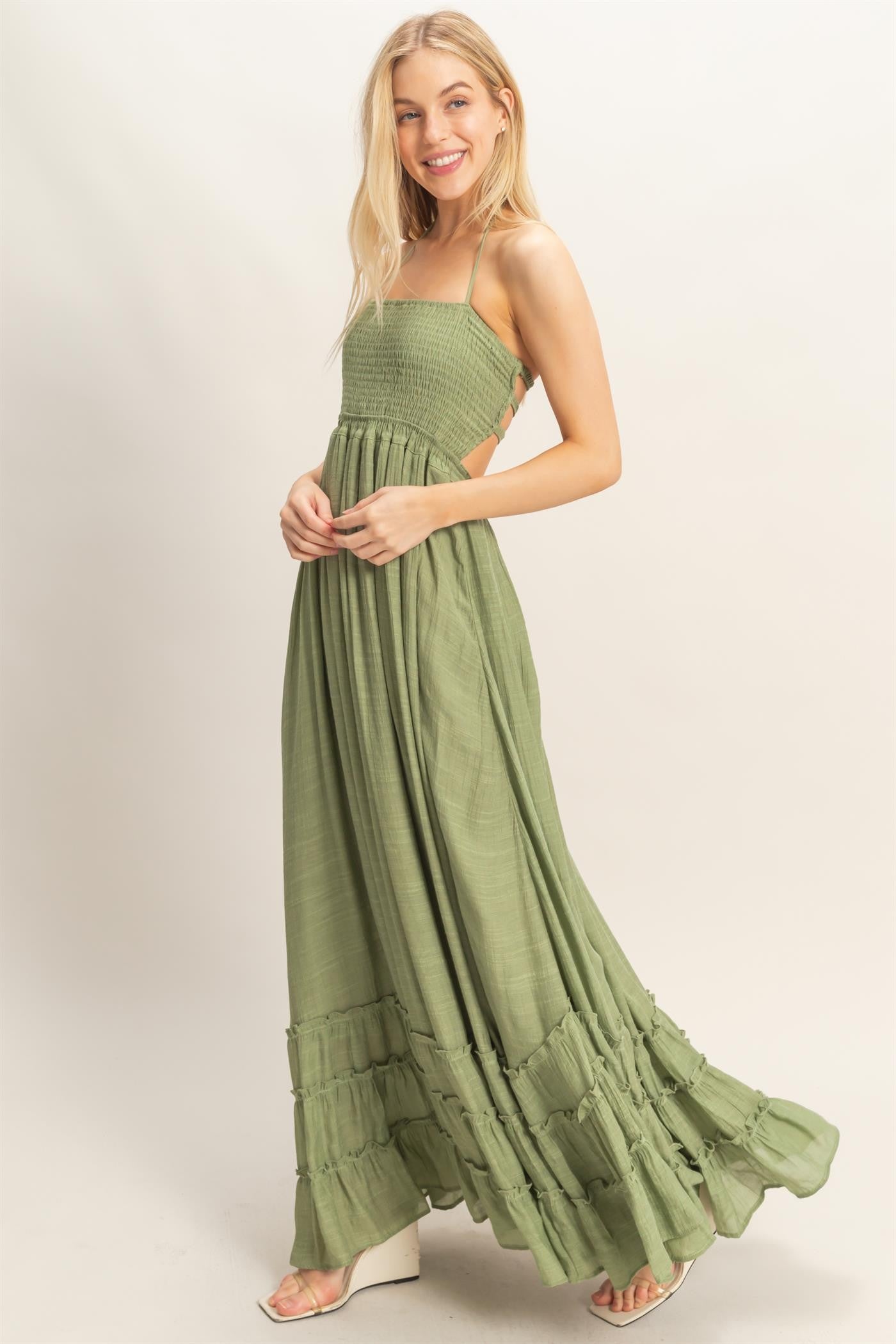 Light Olive Smocked Halter Open Back Maxi Dress