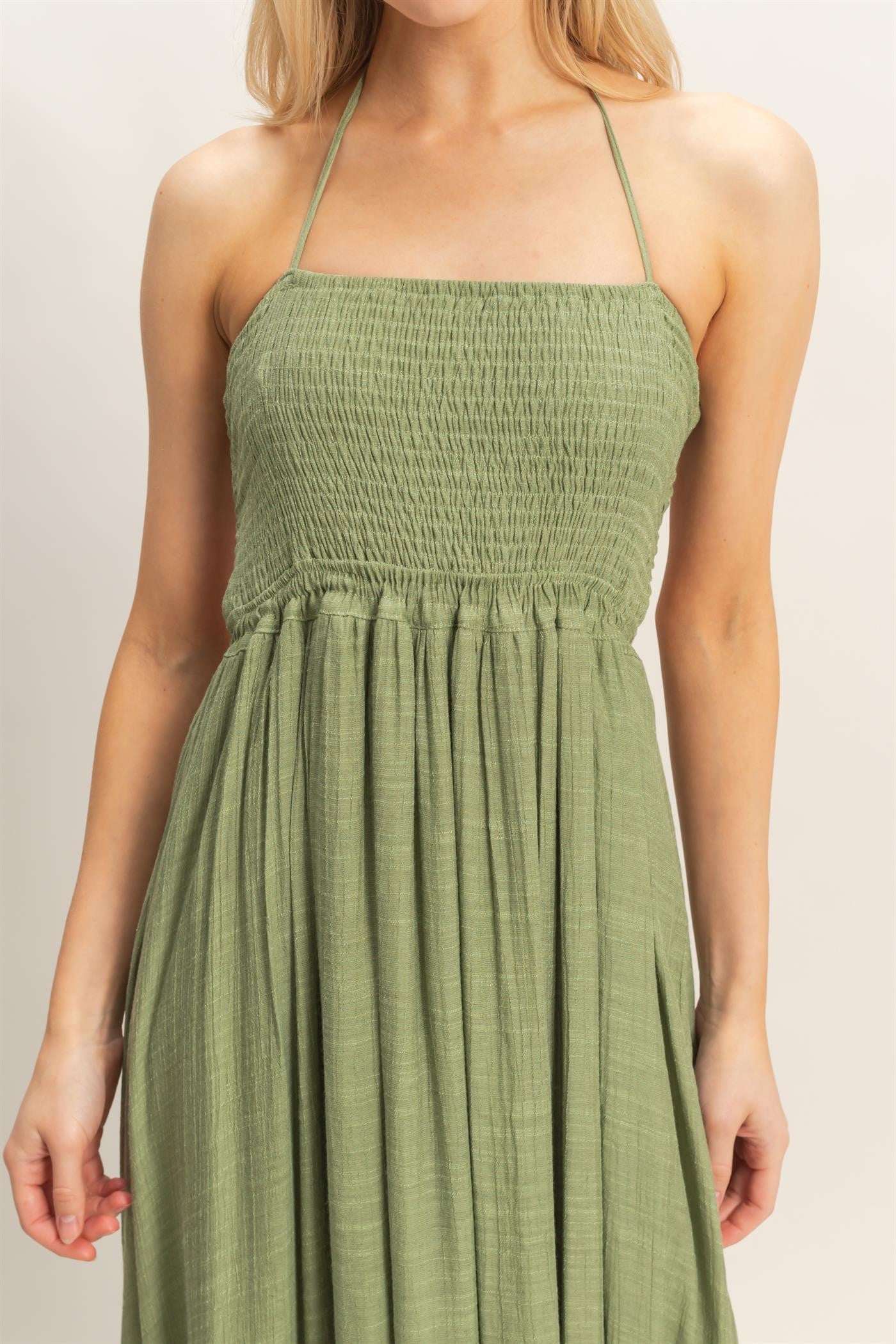 Light Olive Smocked Halter Open Back Maxi Dress