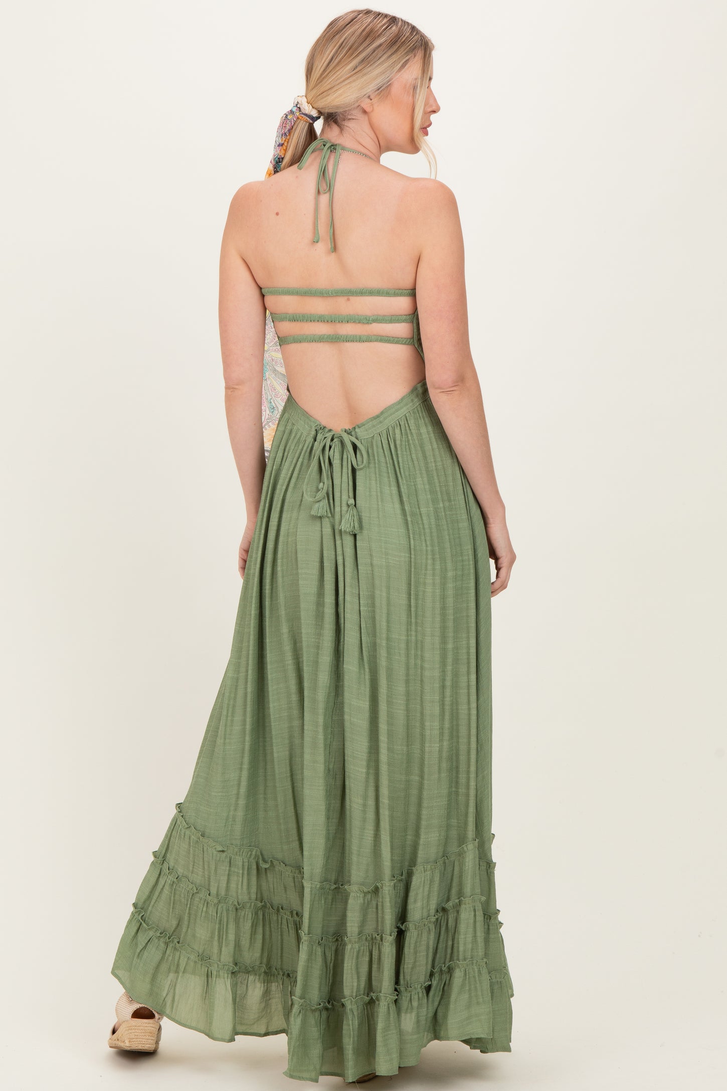 Light Olive Smocked Halter Open Back Maxi Dress