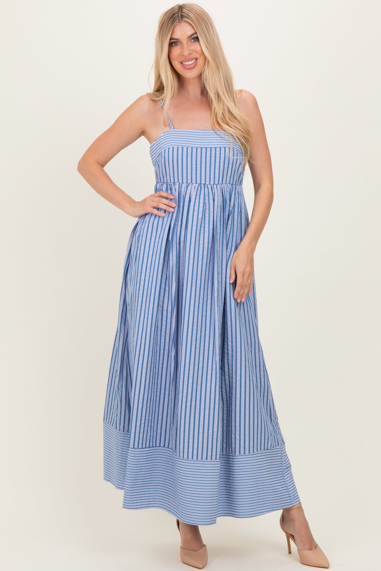 Blue Mixed Stripe Sleeveless Maternity Maxi Dress