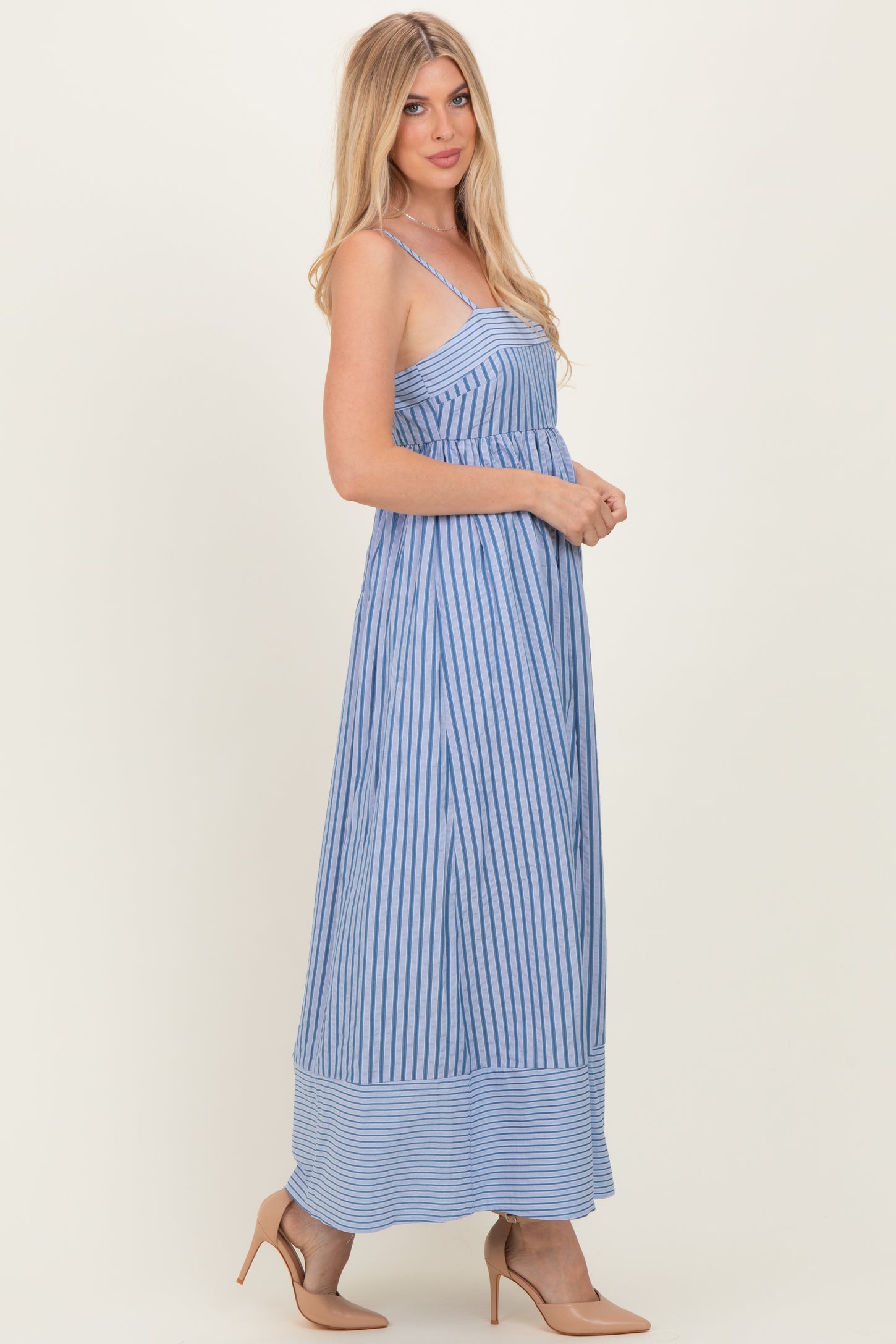 Blue Mixed Stripe Sleeveless Maxi Dress