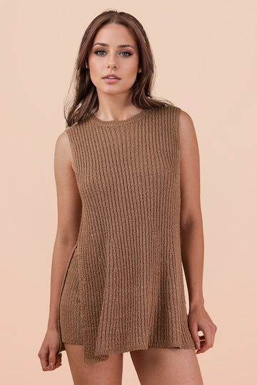 woman wearing a chocolate brown ribbed sleeveless tunic top with a relaxed fit