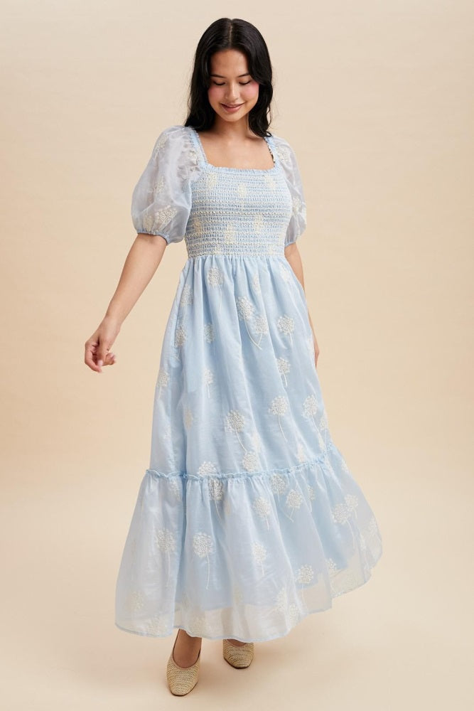 Light Blue Embroidered Floral Smocked Maxi Dress