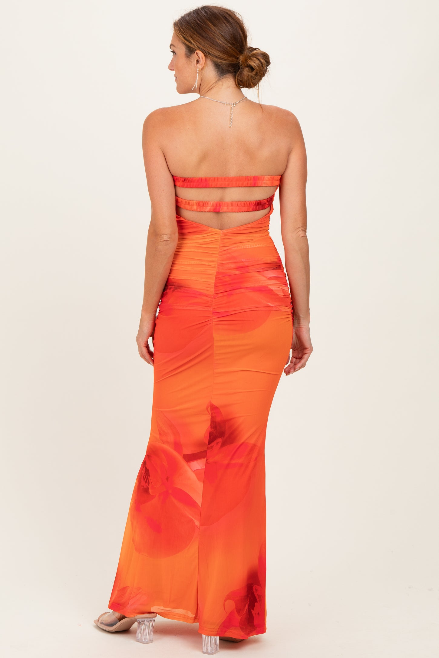 Orange Floral Strapless Cutout Back Maxi Dress