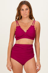 Burgundy Scalloped V-Neck High Waist Two-Piece Maternity Swimsuit