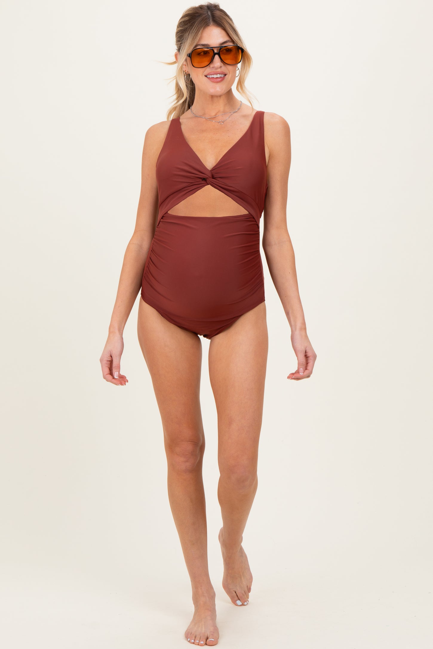 Brown Ruched Sides Front Cutout Maternity One Piece Swimsuit