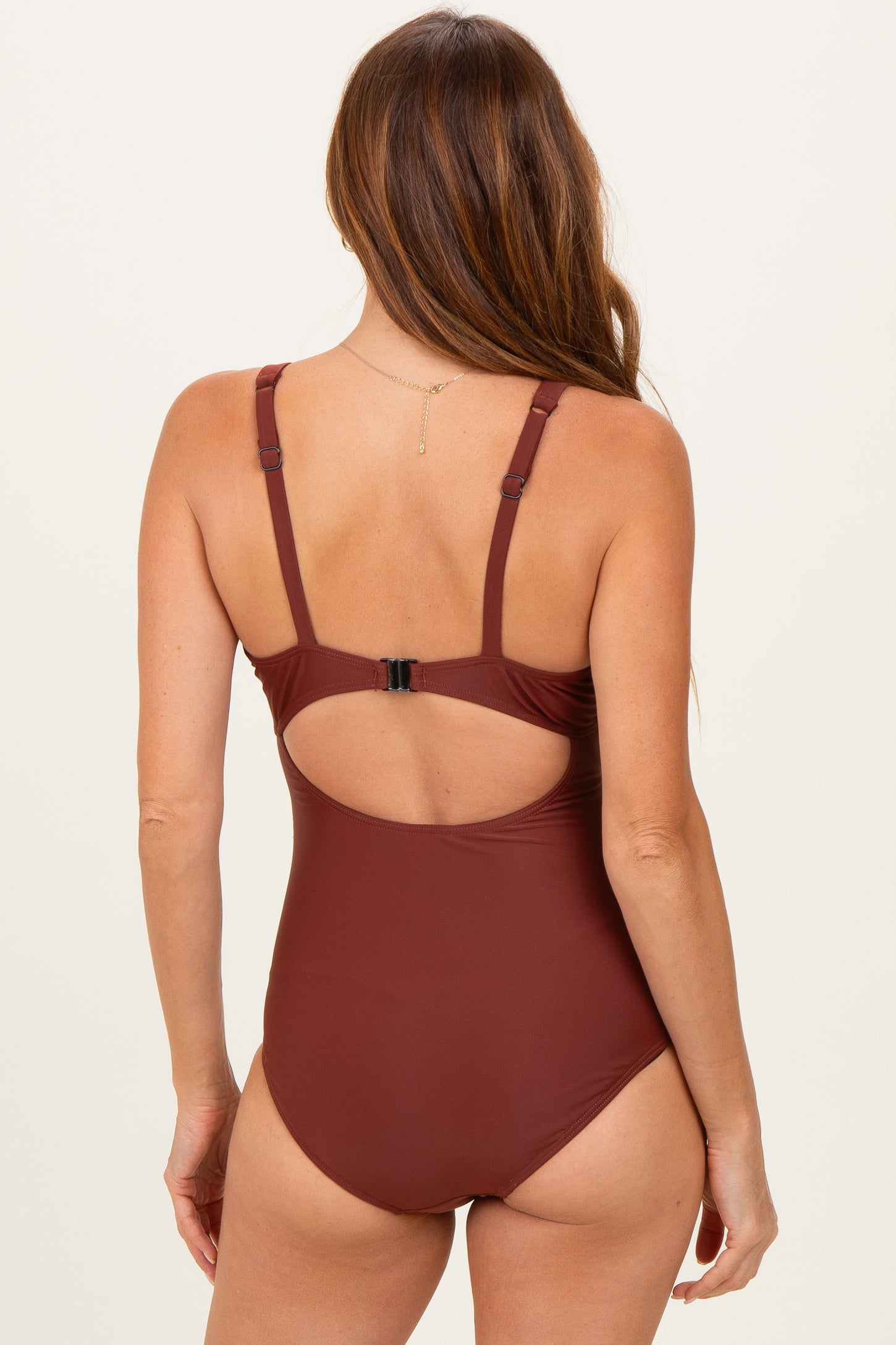 Brown Ruched Sides Front Cutout One Piece Swimsuit