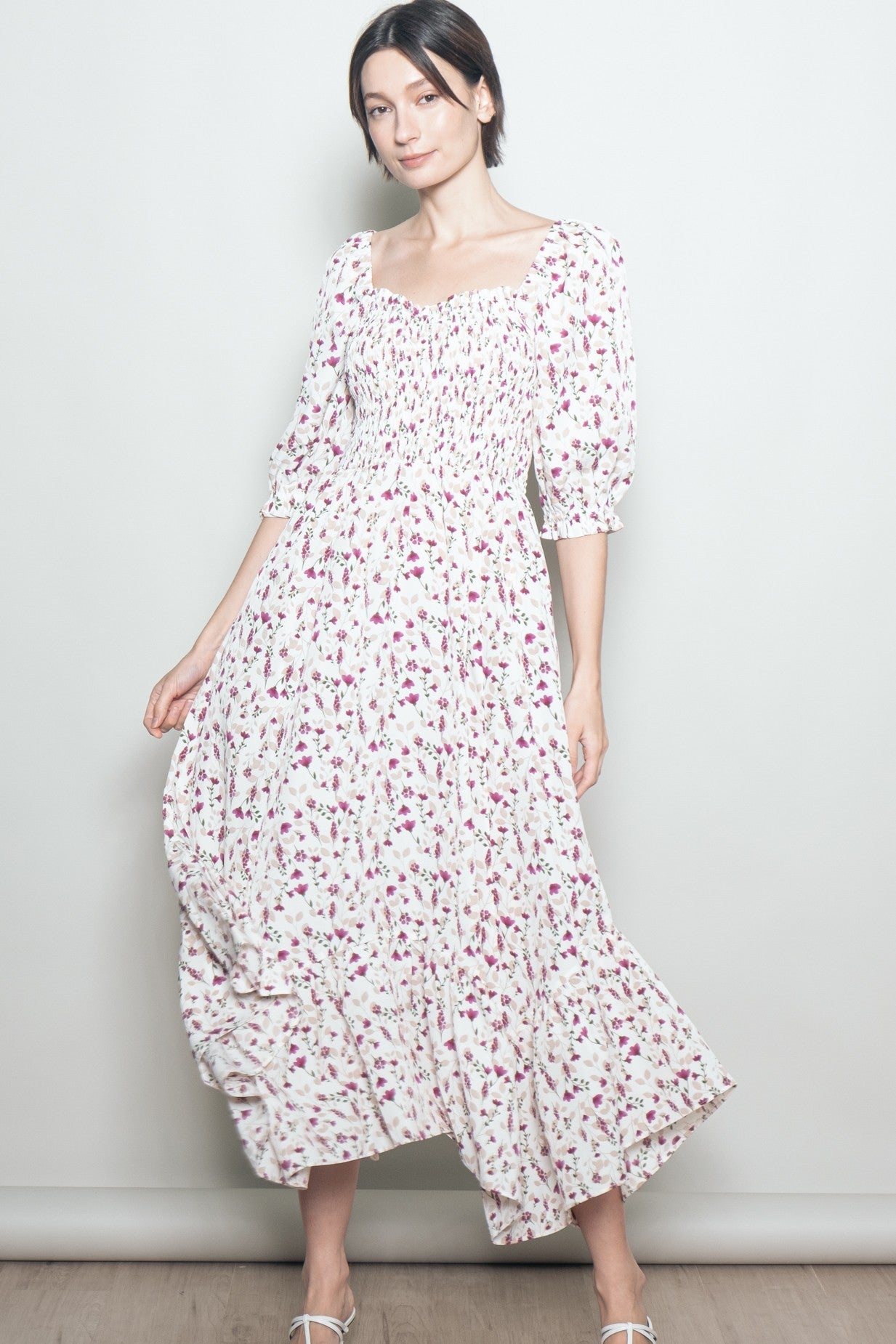 Cream Floral Smocked Handkerchief Hem Maxi Dress