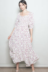Cream Floral Smocked Handkerchief Hem Maxi Dress