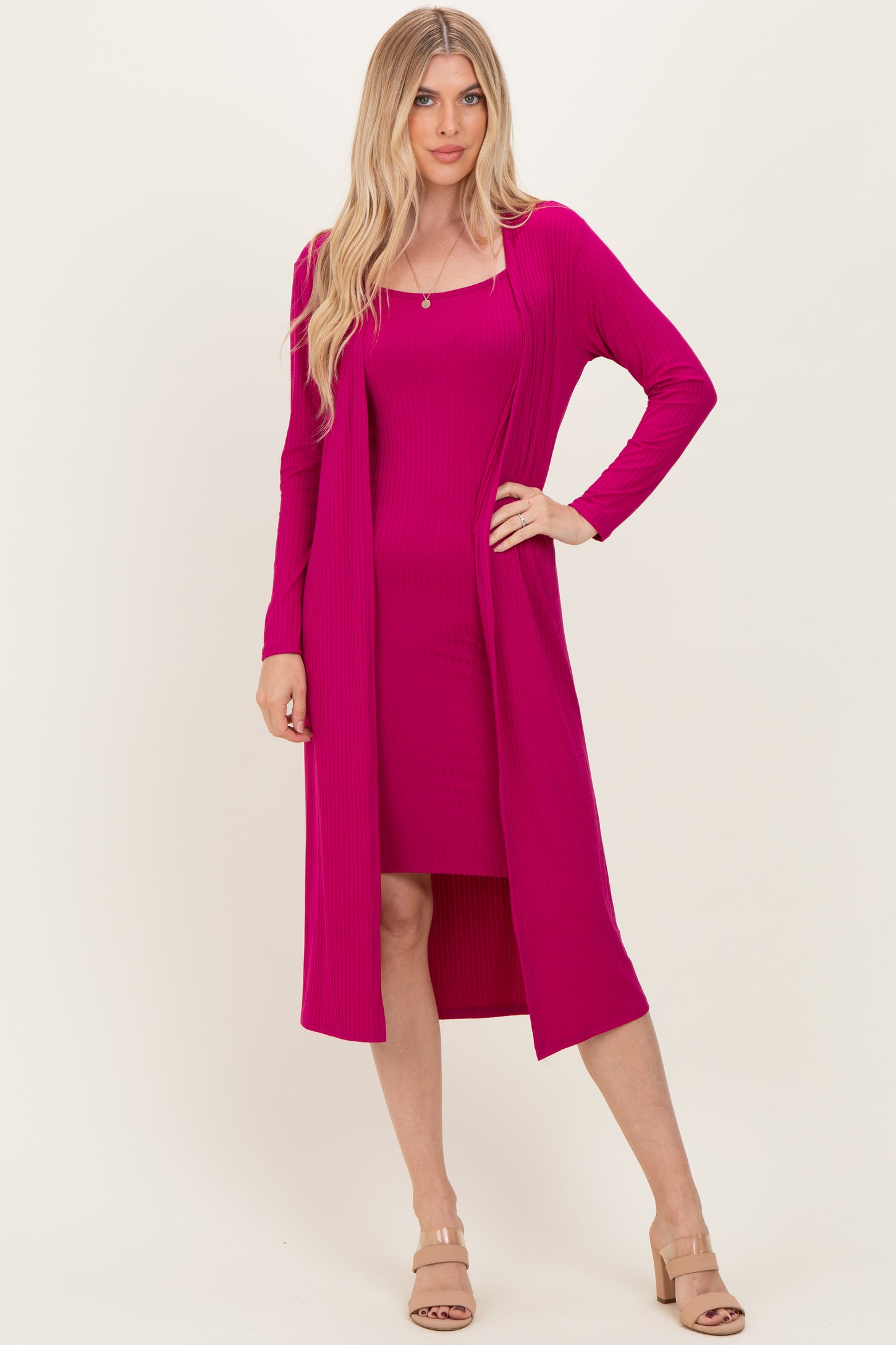 Magenta Ribbed Cardigan 2 Piece Set