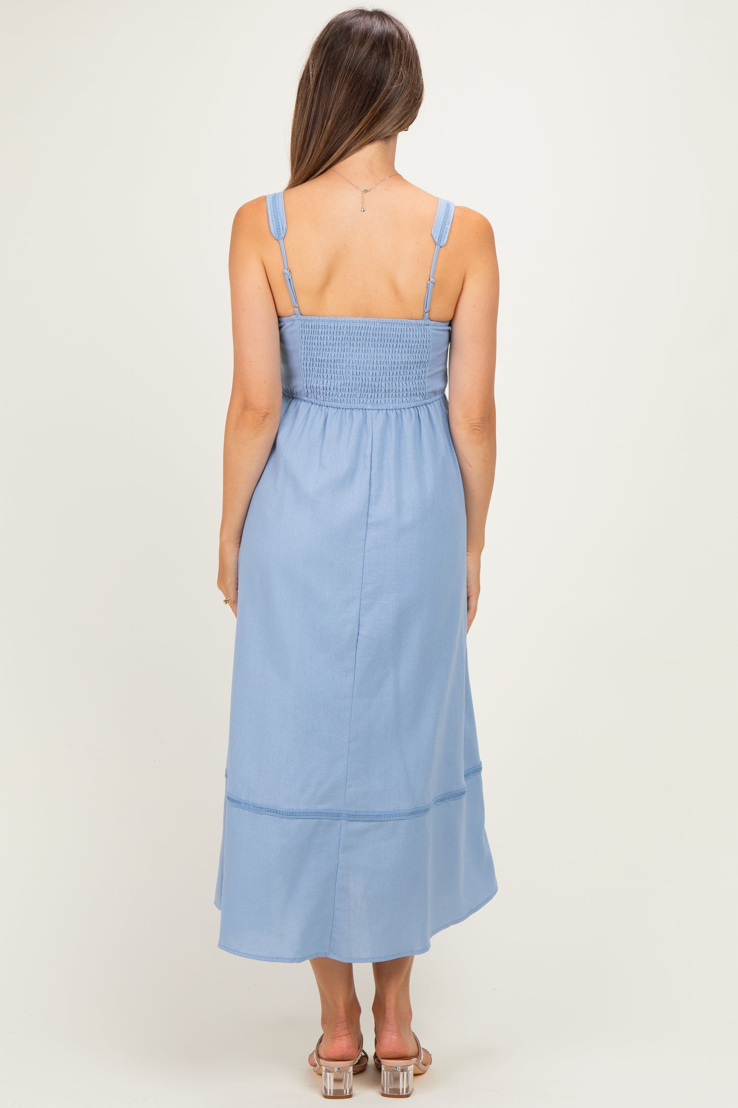 Dusty Blue Linen Blend Sleeveless Maternity Midi Dress