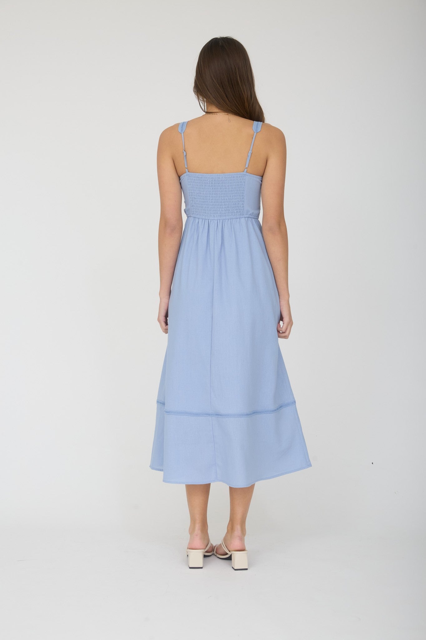 Dusty Blue Linen Blend Sleeveless Midi Dress
