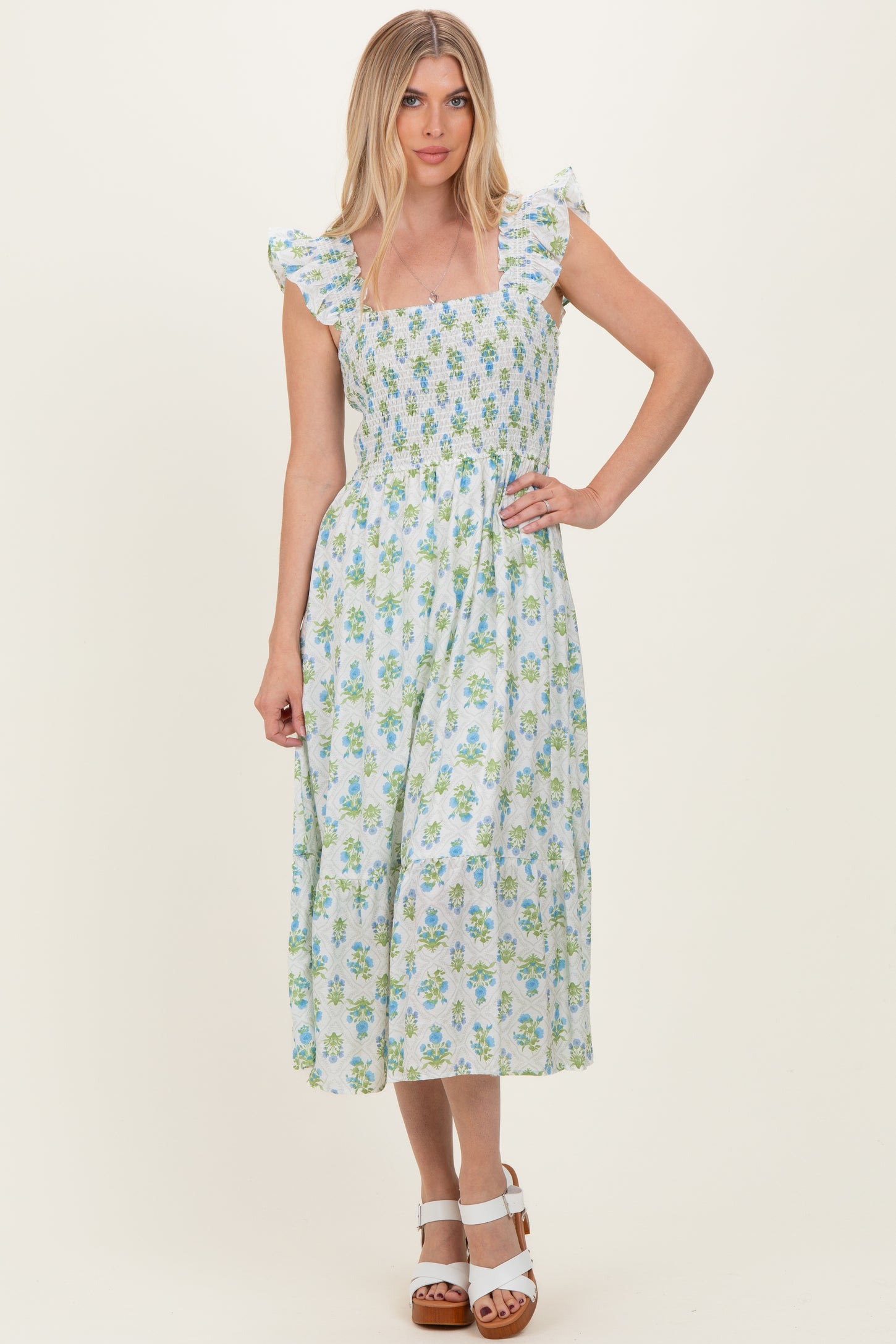 Blue Floral Smocked Sleeveless Midi Dress
