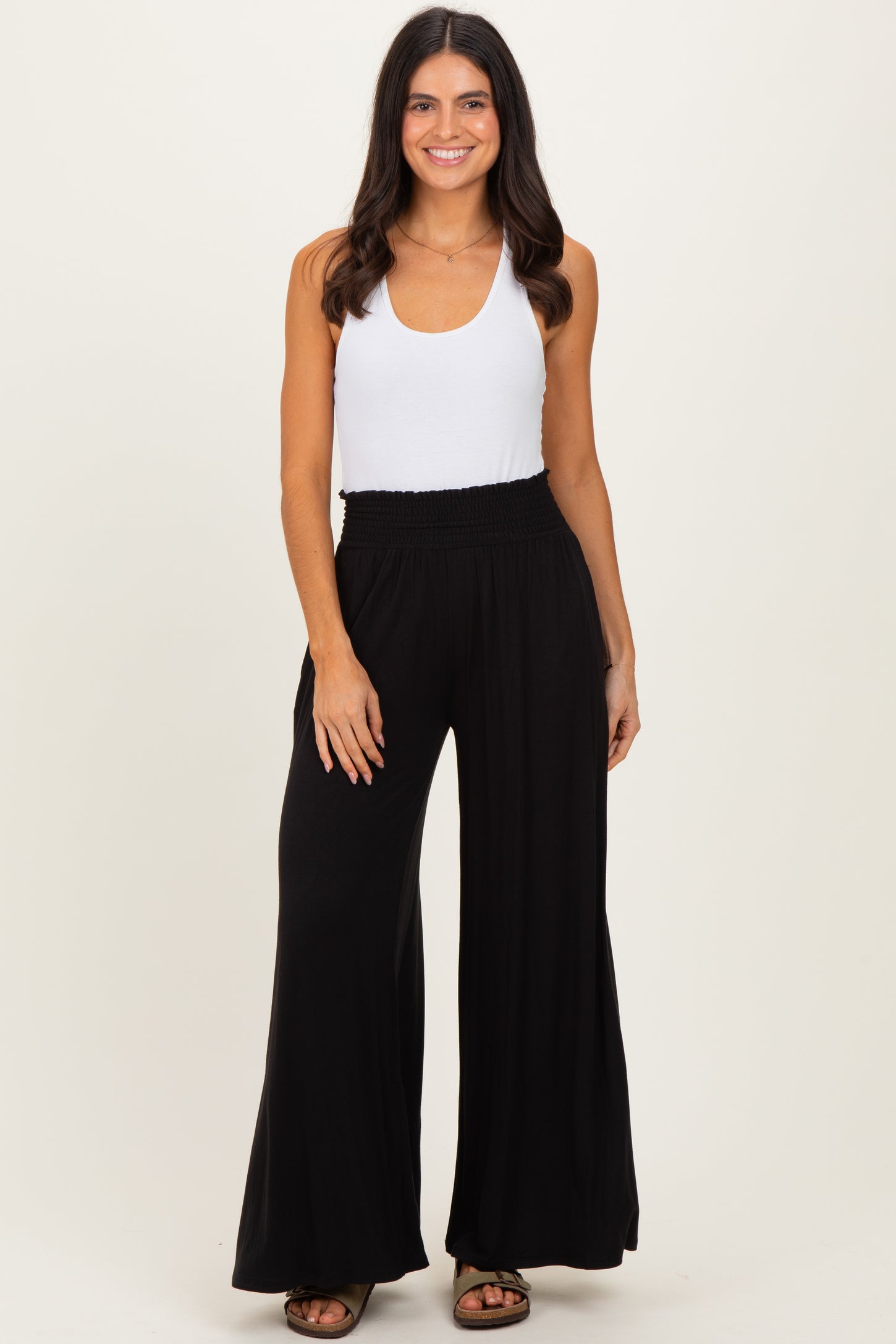 Black Smocked Waist Wide Leg Pants