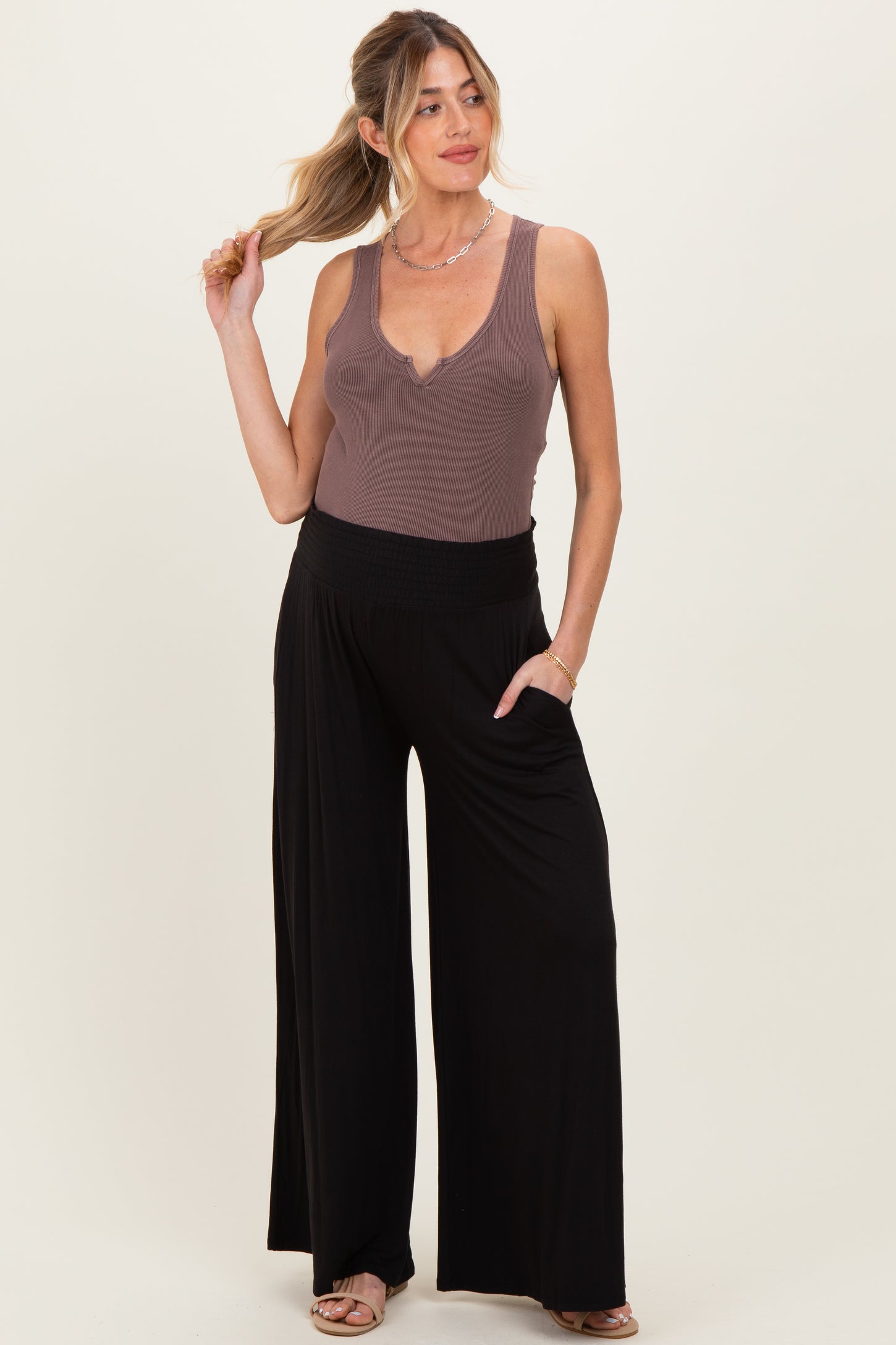 Black Smocked Waist Wide Leg Maternity Pants