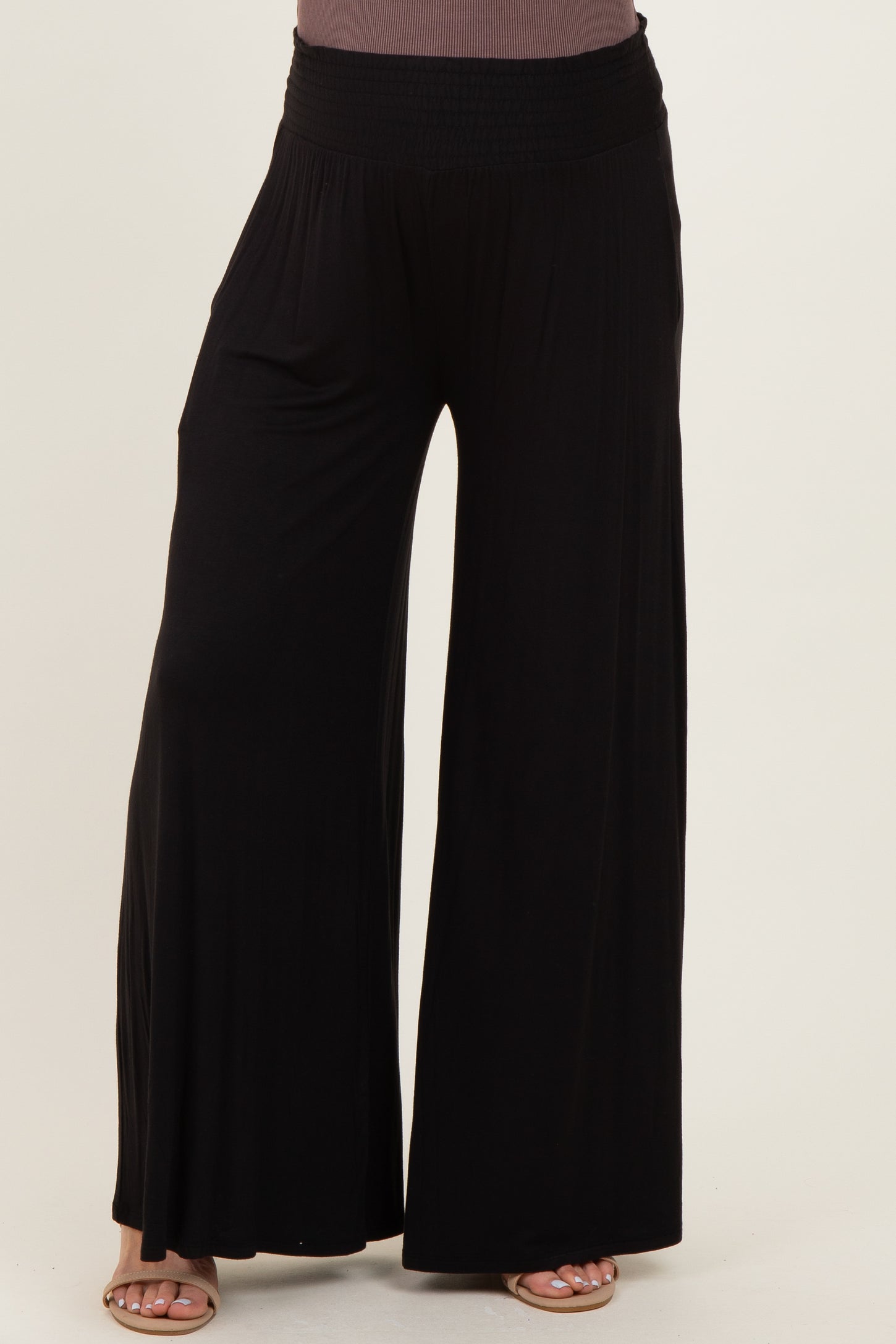 Black Smocked Waist Wide Leg Maternity Pants