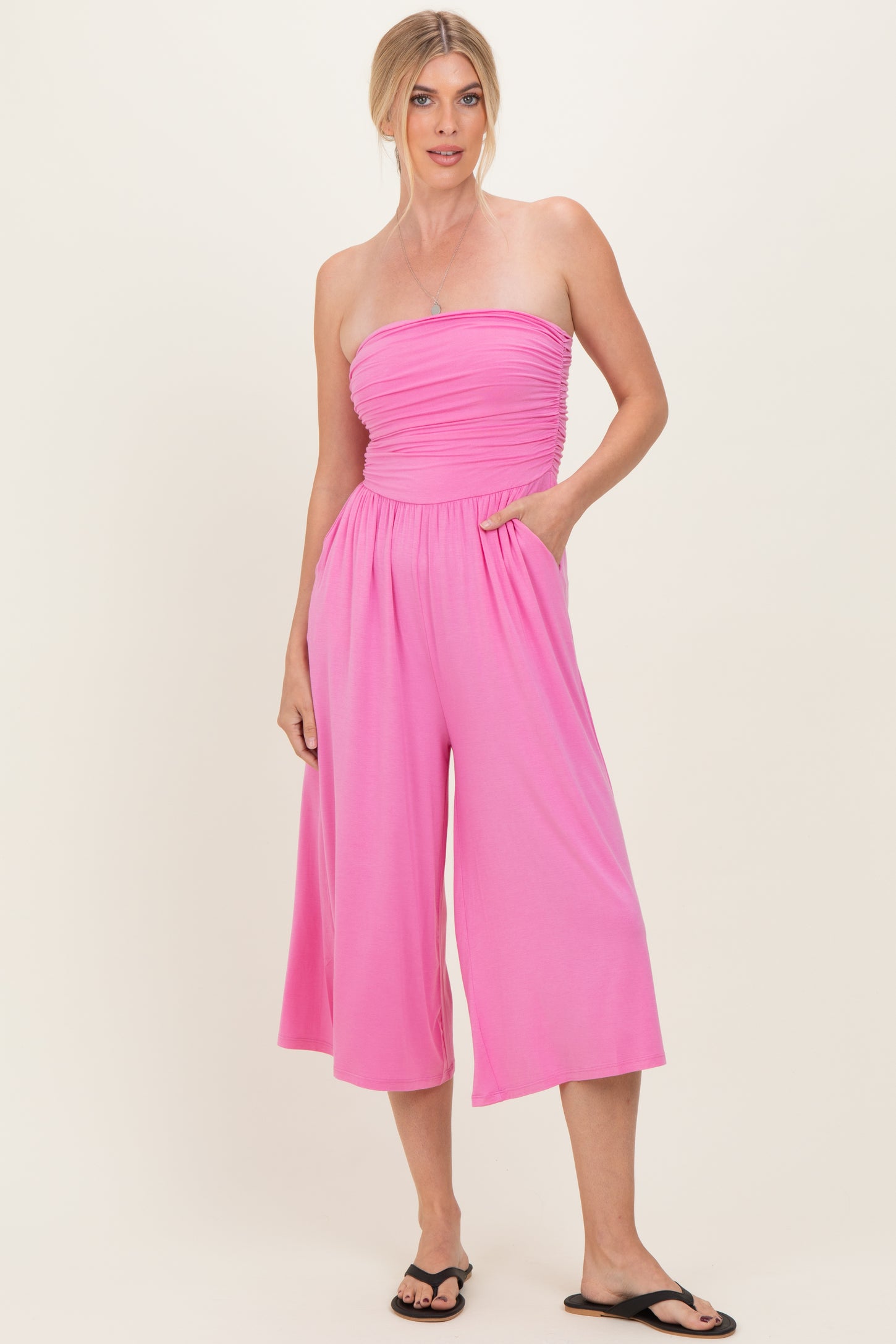Pink Double Layered Strapless Tube Top Maternity Jumpsuit