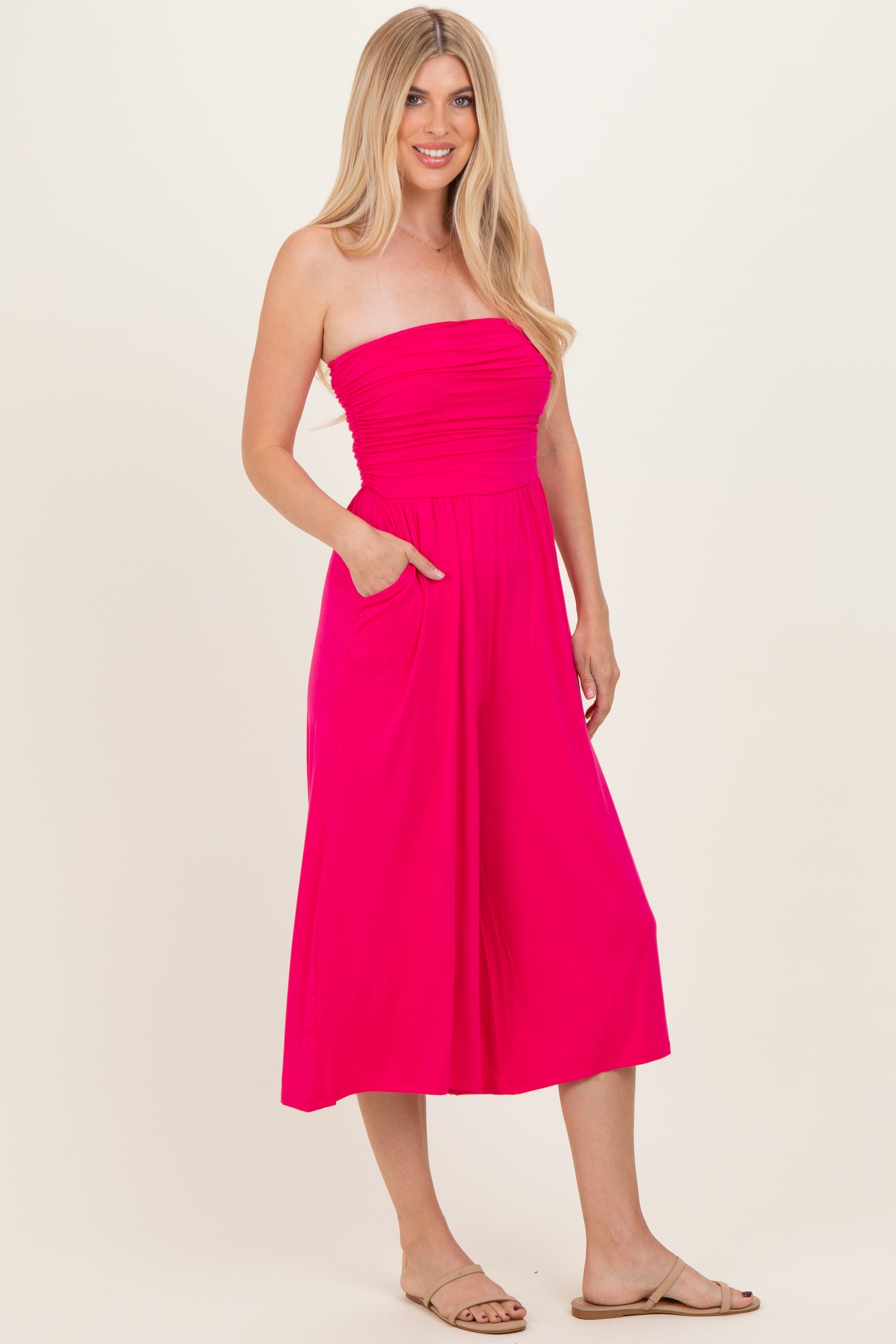 Hot Pink Double Layered Strapless Tube Top Jumpsuit