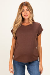 Brown Rolled Short Sleeve Maternity Tee