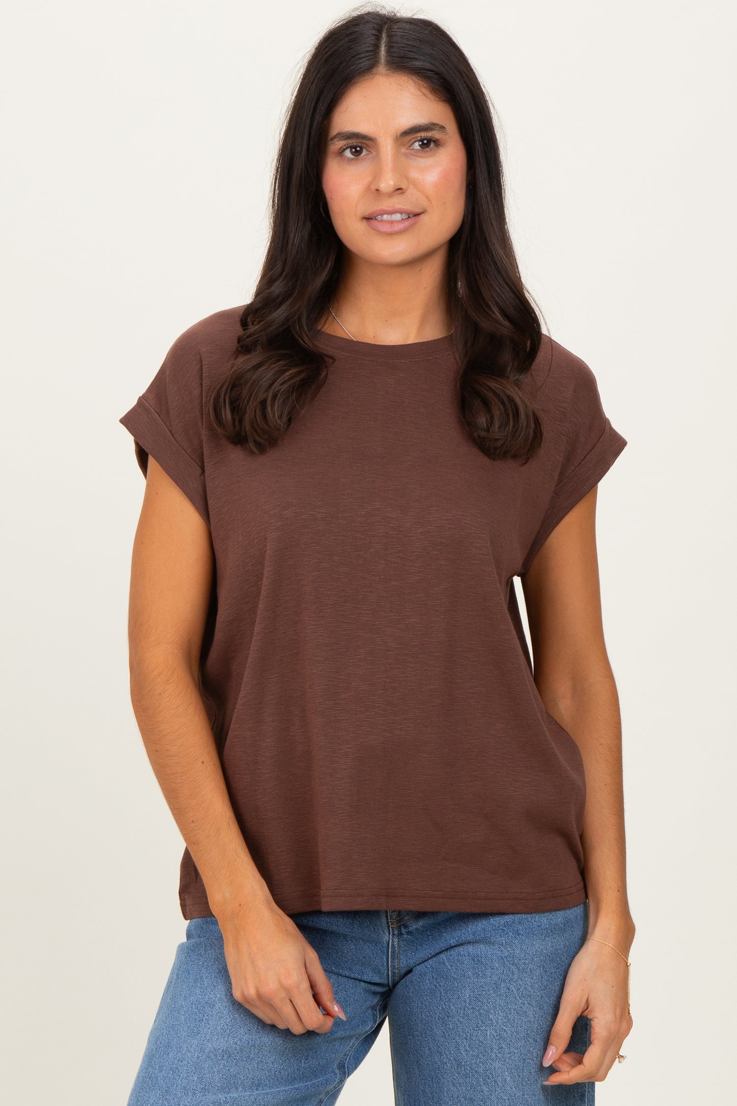 Brown Rolled Short Sleeve Maternity Tee