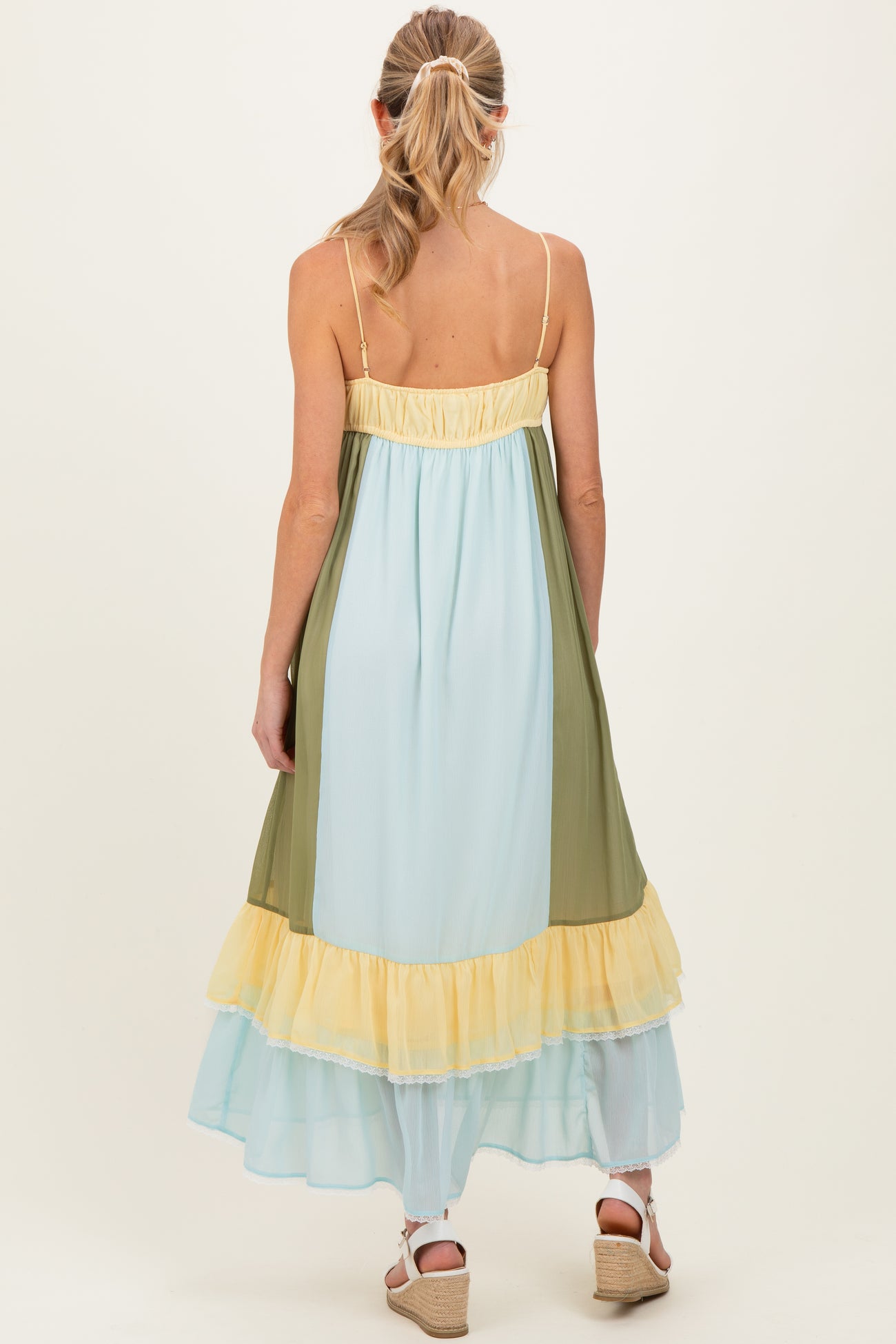 Light Blue Colorblock Tiered Ruffle Maternity Maxi Dress