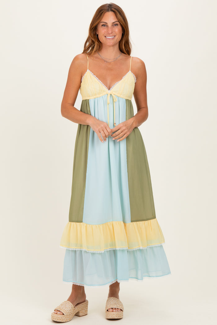 Light Blue Colorblock Tiered Ruffle Maternity Maxi Dress