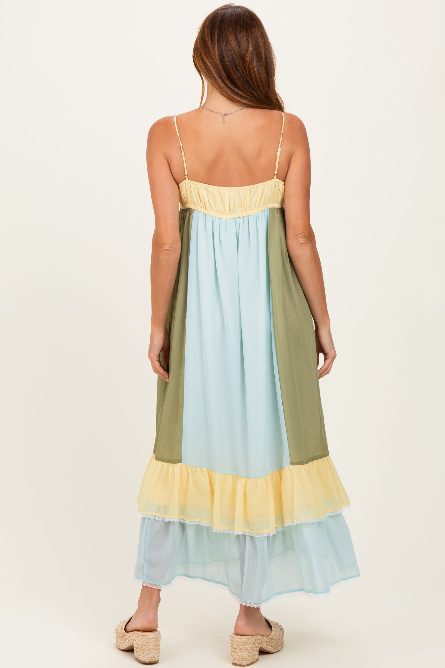 Light Blue Colorblock Tiered Ruffle Maxi Dress