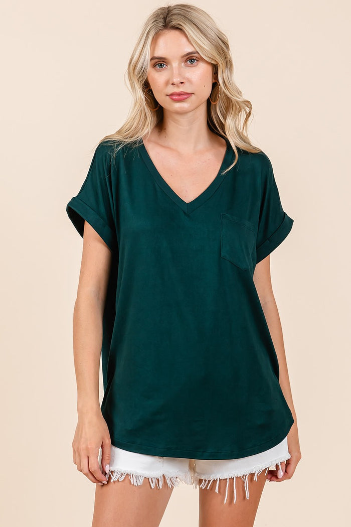 Forest Green V-Neck Pocket Short Sleeve Shirt