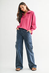 Magenta Sunfade Cotton Collared Long Sleeve Top