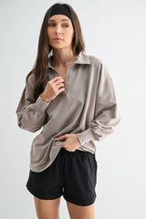 Taupe Sunfade Cotton Collared Long Sleeve Maternity Top