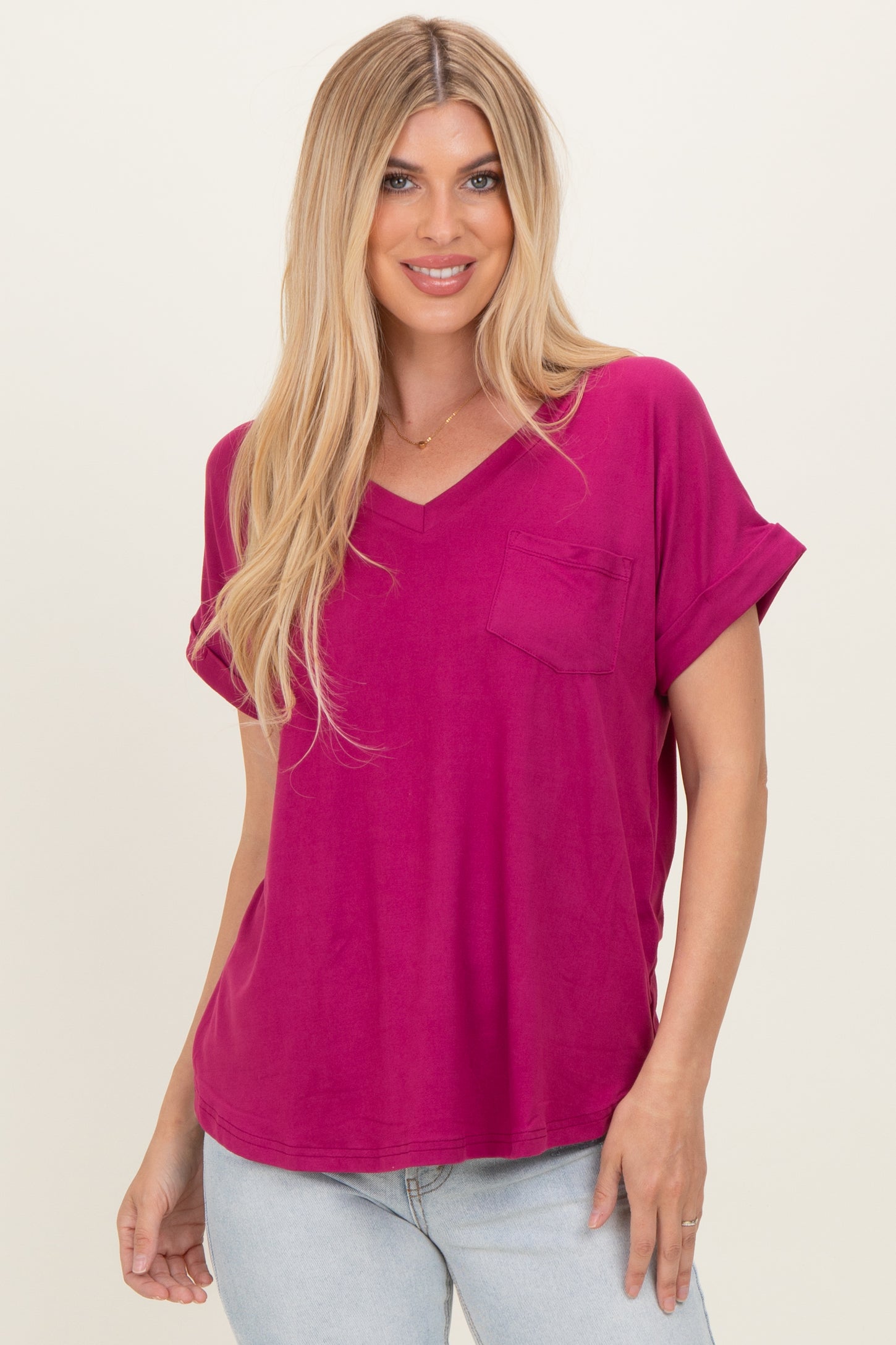 Magenta V-Neck Pocket Short Sleeve Shirt