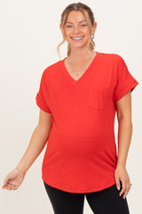 Red V-Neck Pocket Short Sleeve Maternity Shirt