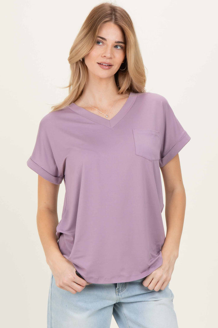 Lavender V-Neck Pocket Short Sleeve Maternity Shirt