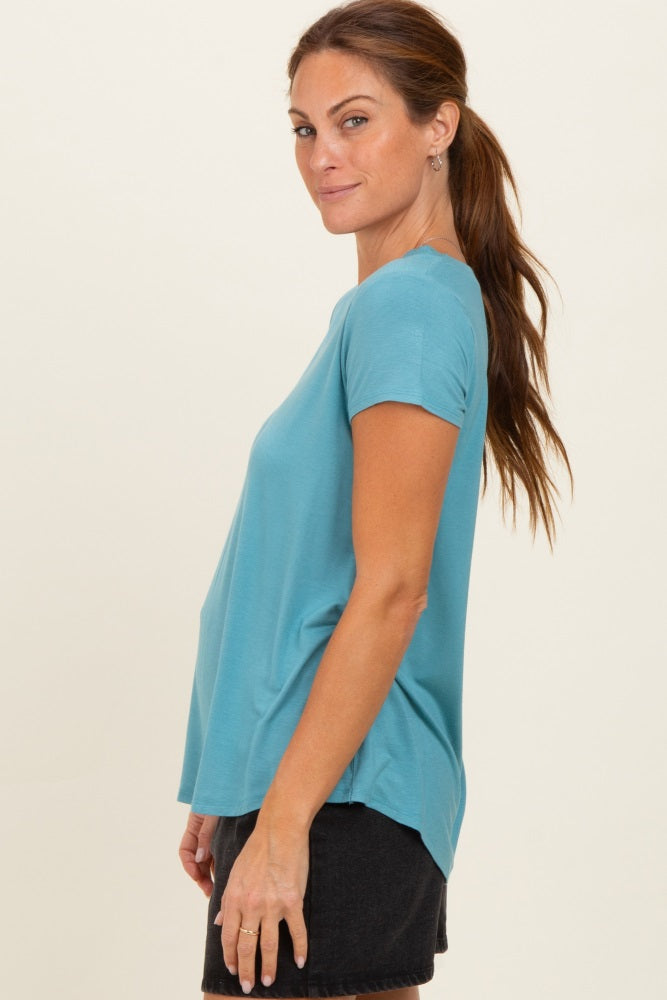 Dusty Teal Basic V-Neck Short Sleeve Top