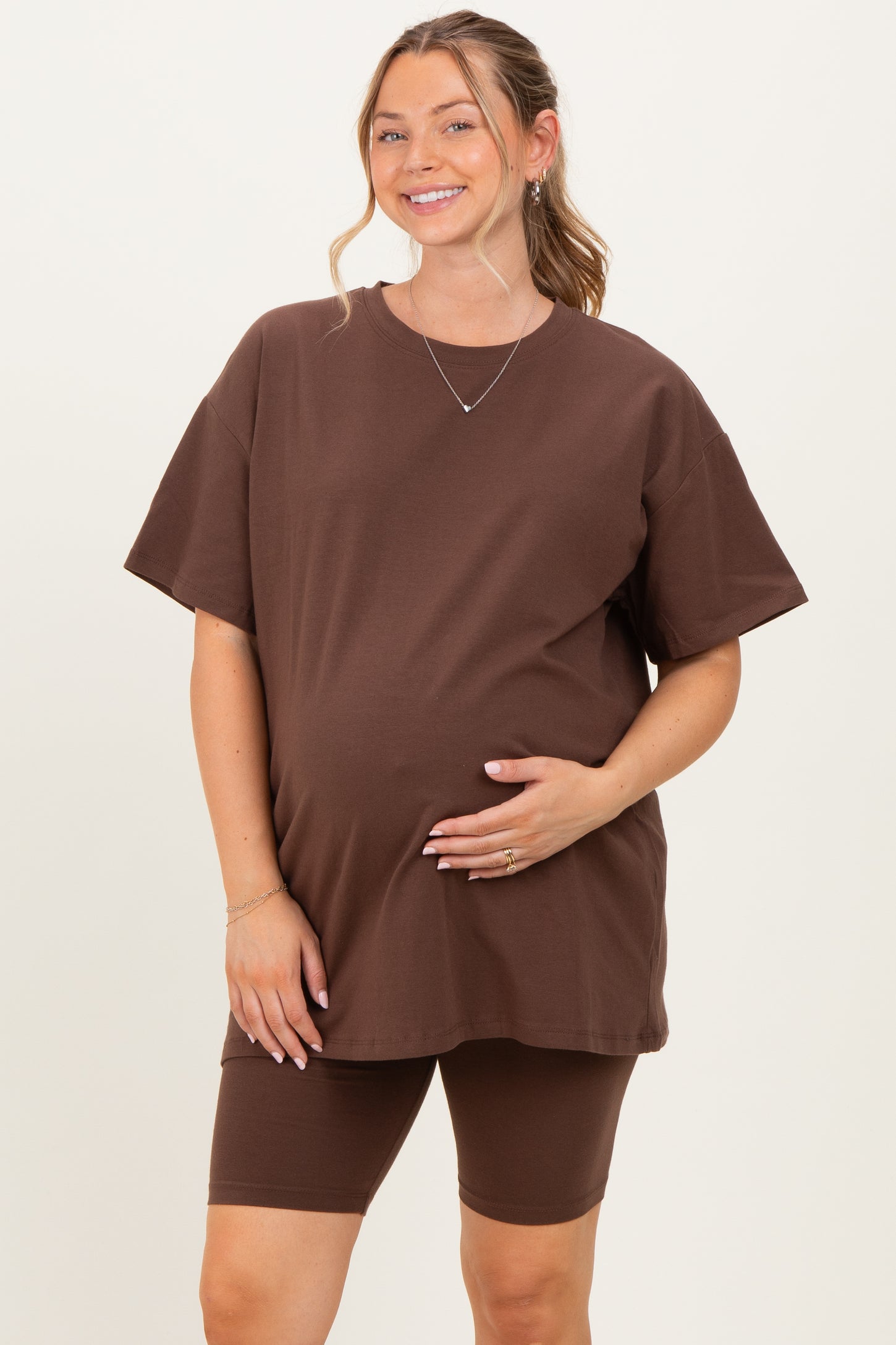 Brown Biker Shorts Maternity Set