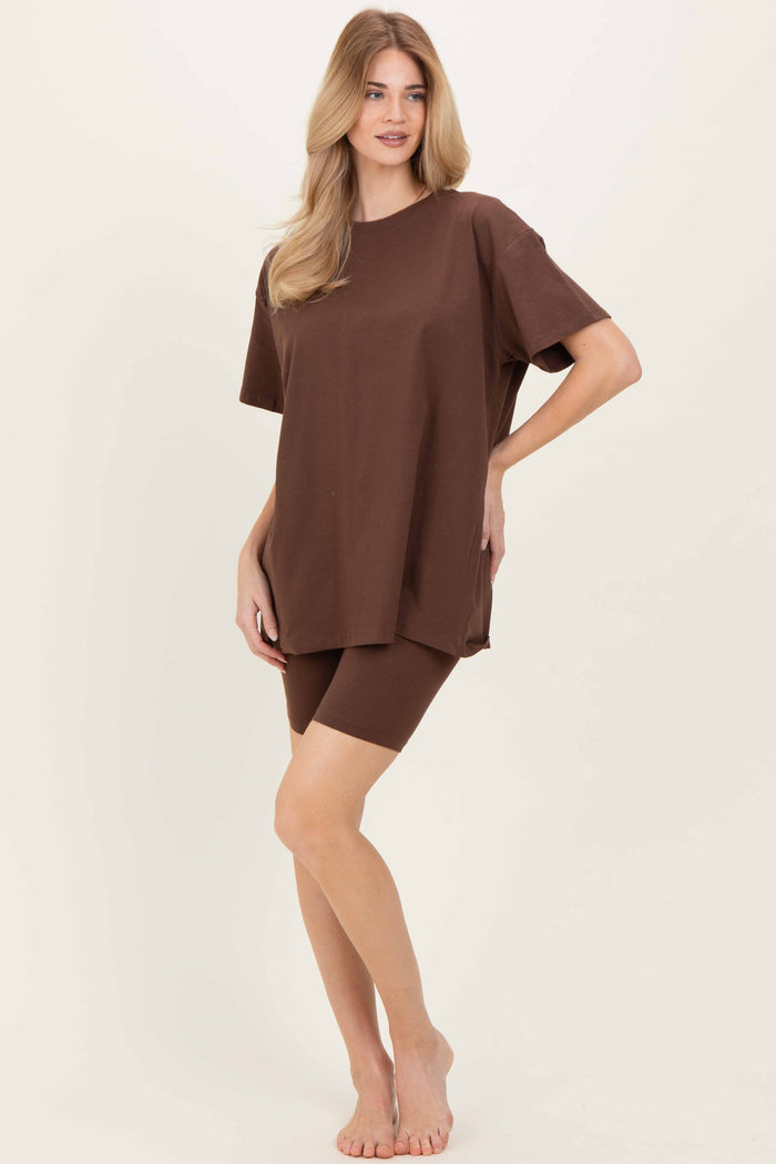 Brown Biker Shorts Maternity Set