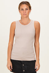 Beige Ribbed High Neck Maternity Tank Top
