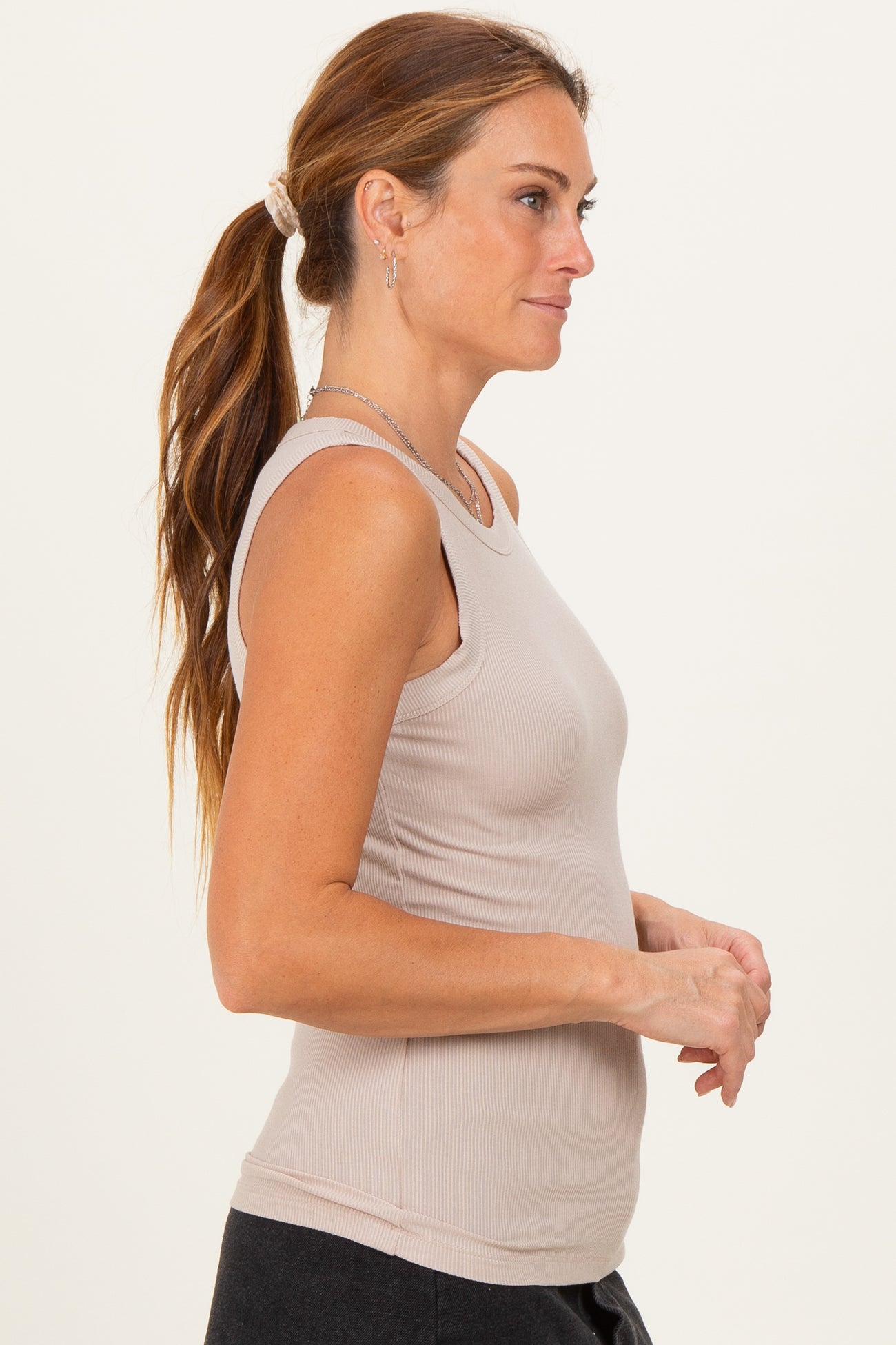 Beige Ribbed High Neck Tank Top