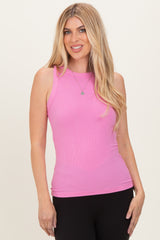 Pink Ribbed High Neck Tank Top