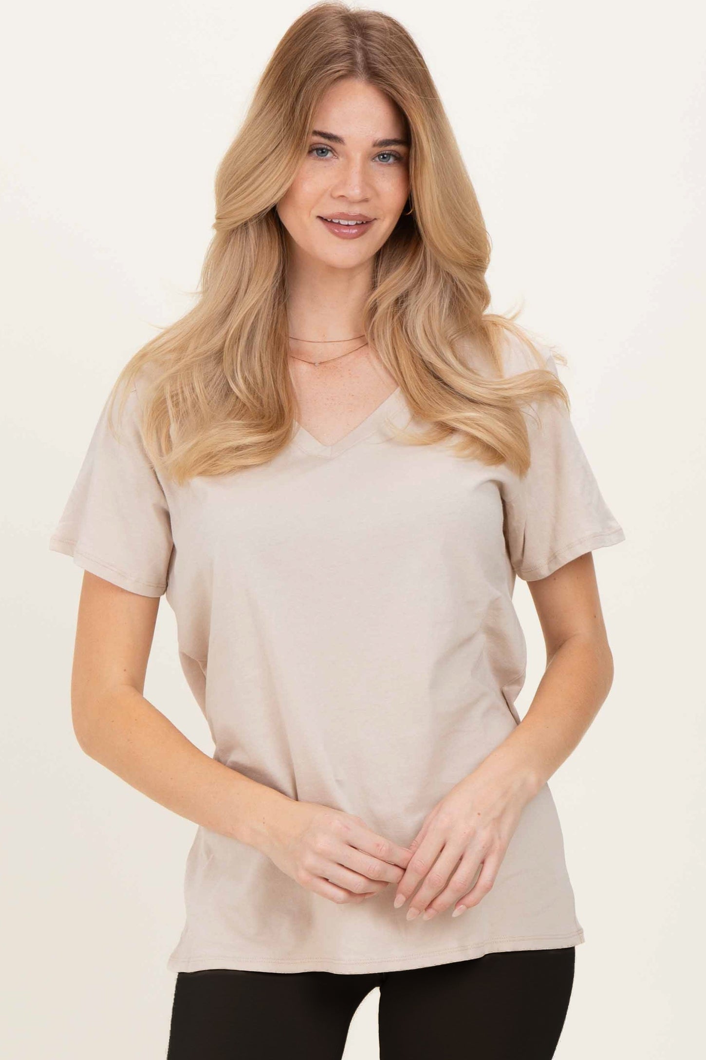 Sand Beige Oversized V-Neck Short Sleeve Maternity Tee