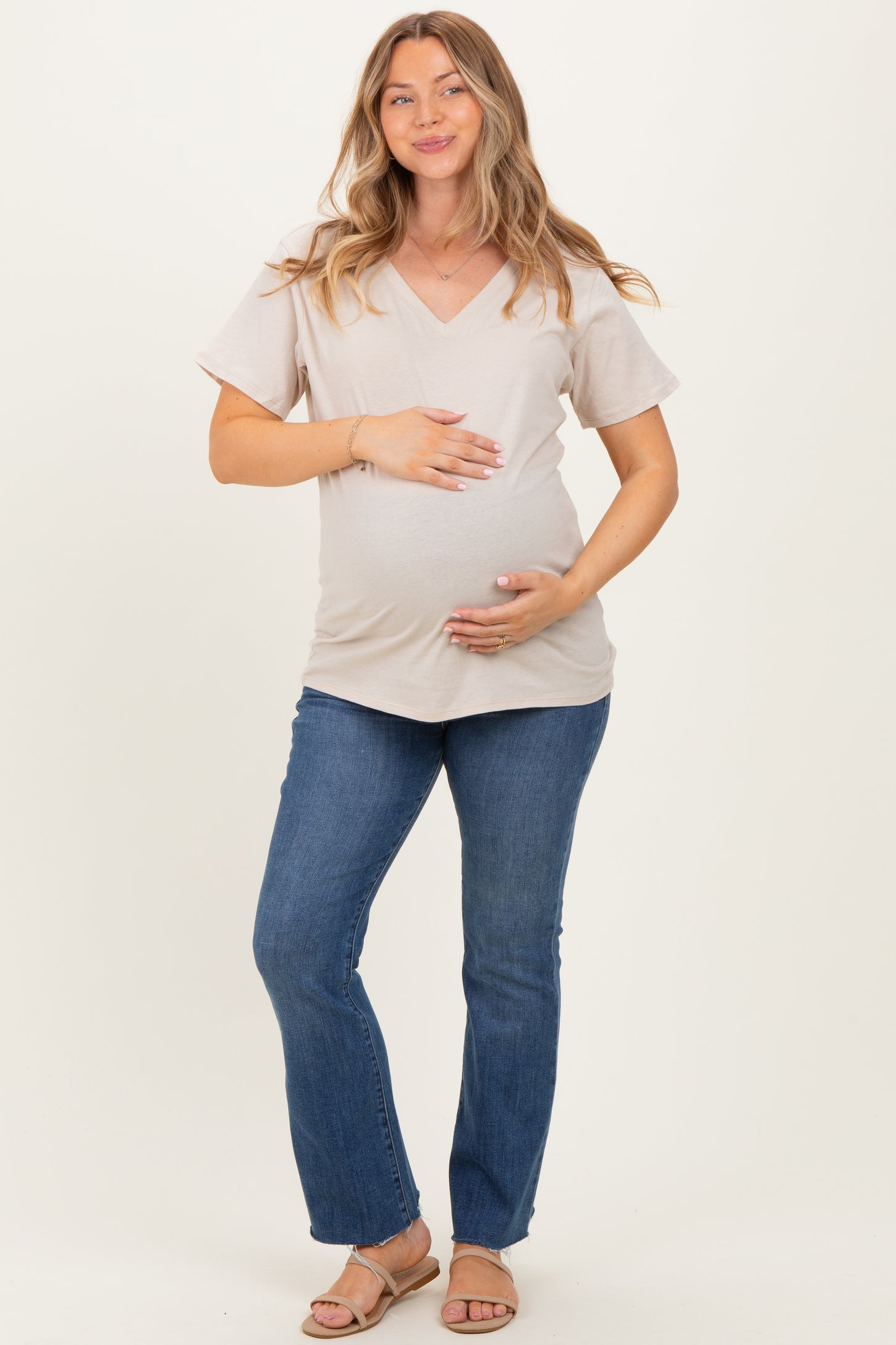 Sand Beige Oversized V-Neck Short Sleeve Maternity Tee