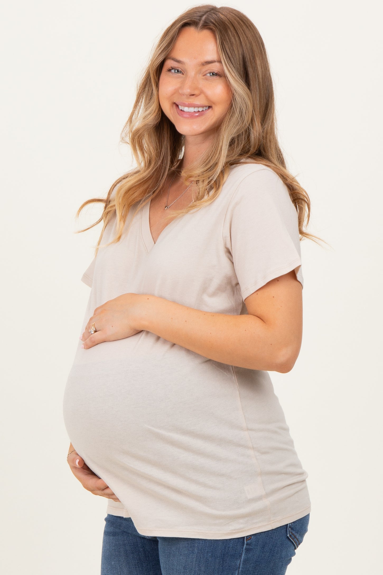 Sand Beige Oversized V-Neck Short Sleeve Maternity Tee