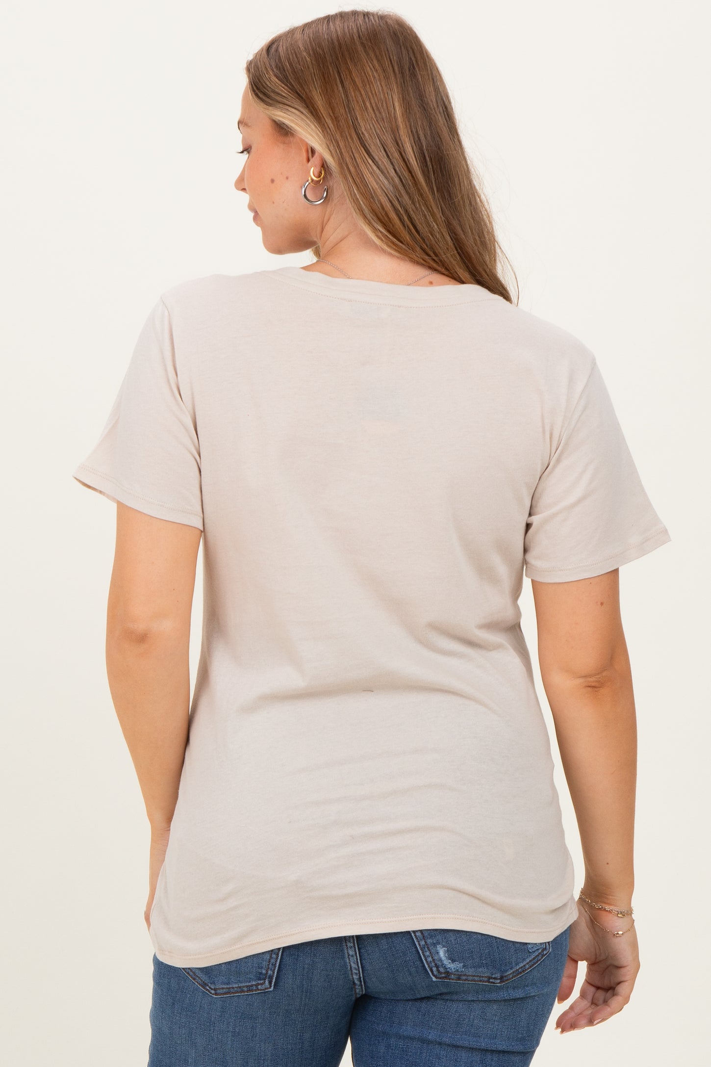 Sand Beige Oversized V-Neck Short Sleeve Maternity Tee
