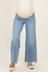 Light Blue Distressed Hem Wide Leg Maternity Jeans