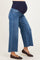 woman wearing maternity wide-leg jeans in medium wash with a supportive navy waistband and a visible baby bump